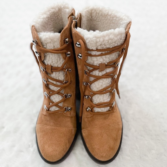 NEW- MARC FISHER Lakynn Hiker Suede Healed Tan Boots - Picture 4 of 14